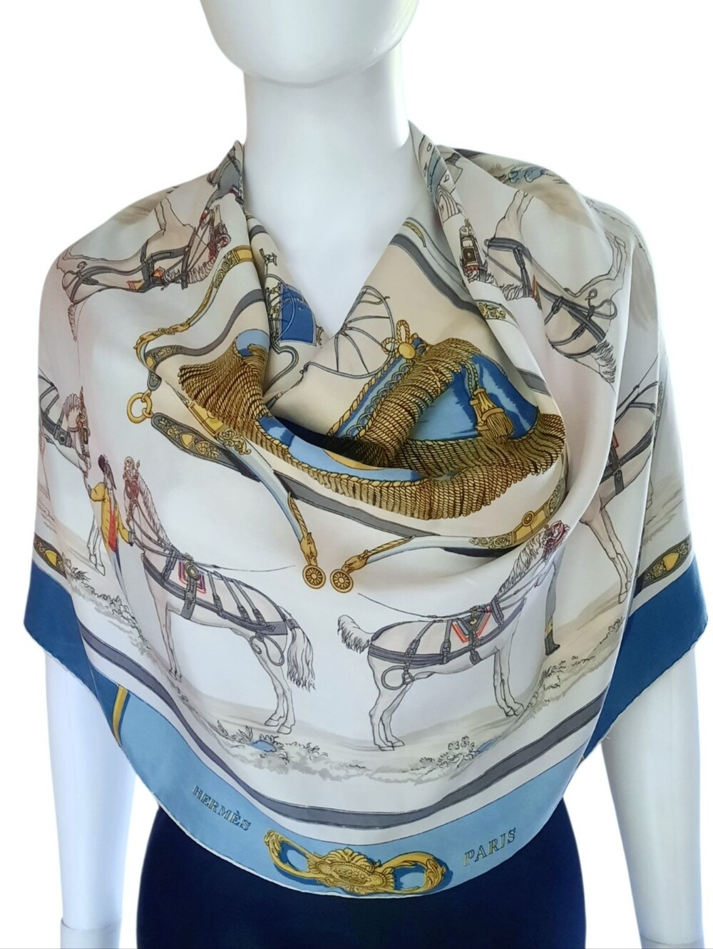 Vintage HERMÈS Harnais A L'Anglaise Silk Twill Scarf 90cm Ivory/Blue/Multi
